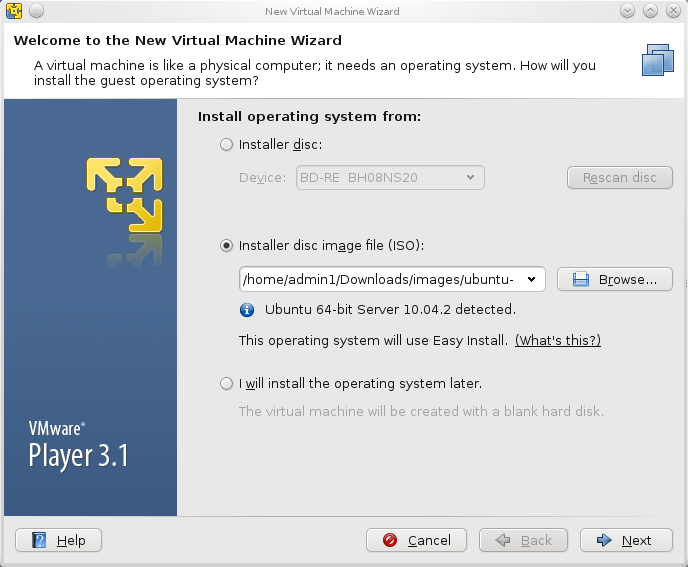 vmware player create a new virtual machine