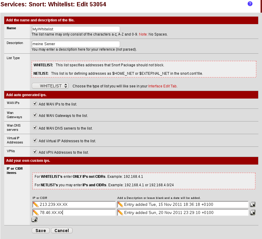 Services Snort Whitelist Edit